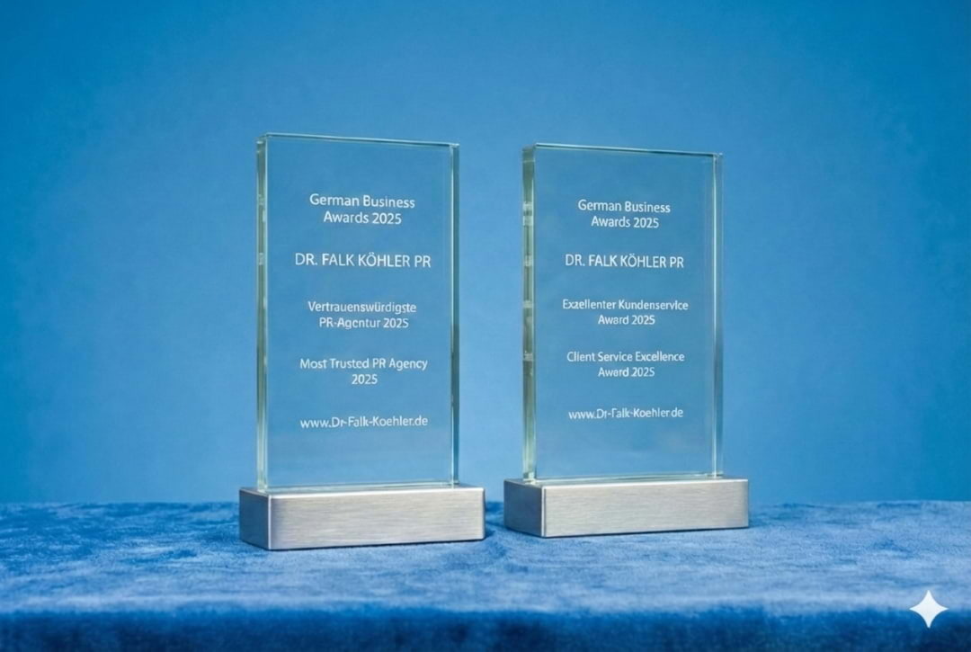Die beiden Award-Trophäen German Business Awards 2025 der DR. FALK KÖHLER PR in modernem, puristischem Rechteck-Design aus Acryl mit silberfarbenem Metallsockel unten stehen nebeneinander vor blauem Hintergrund. Linke Award-Trophäe Beschreibung Anfang: folgender Text steht auf dem Acryl: German Business Awards 2025 neue Zeile DR. FALK KÖHLER PR neue Zeile Vertrauenswürdigste PR-Agentur 2025 neue Zeile Most Trusted PR Agency 2025 neue Zeile www.Dr-Falk-Koehler.de Linke Award-Trophäe Beschreibung Ende. Rechte Award-Trophäe Beschreibung Anfang: folgender Text steht auf dem Acryl: German Business Awards 2025 neue Zeile DR. FALK KÖHLER PR neue Zeile Exzellenter Kundenservice Award 2025 neue Zeile Client Service Excellence Award 2025 neue Zeile www.Dr-Falk-Koehler.de Rechte Award-Trophäe Beschreibung Ende.